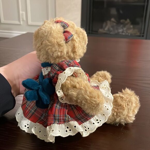 Vintage Russ Berrie, Beverly the Tan Bear From The Past Plush 10” Plaid Dress - Picture 7 of 8